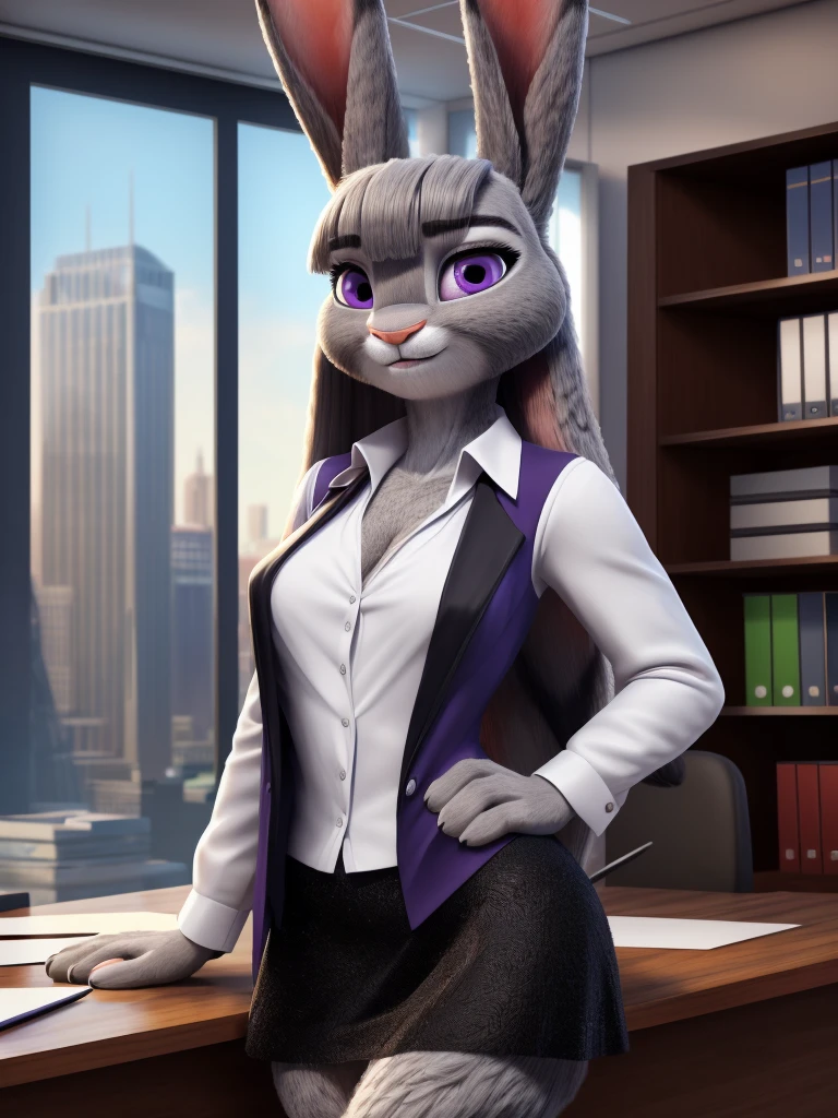 best quality,
masterpiece,
High quality
ultra-detailed
beautiful detailed,
hyper Realistic,
8k , 16k,
3D,
Portrait,
Looking at the audience,
detailed background,
background is an office,
(Face is JudyHopps:1.2),
((long straight hair)),
(see-through bangs:1.3),
beautiful eyes,
bright purple eyes,
(arched eyebrows:1.2),
(uplift eyebrows:1.1),
(rabbit ears:1.1),
office lady is wearing suit,
((White blouse)),
((Black blazer jacket)),
((Black skirt)),
clothes made of cotton,
(outfit is made of wool:1.2),
(((body is made of fabric)))
(body is gray with fluffy and fluffy:1.3),
(solo:1.5),
(1 lady:1.5),
one character only
alone,
Perfect Anatomy
