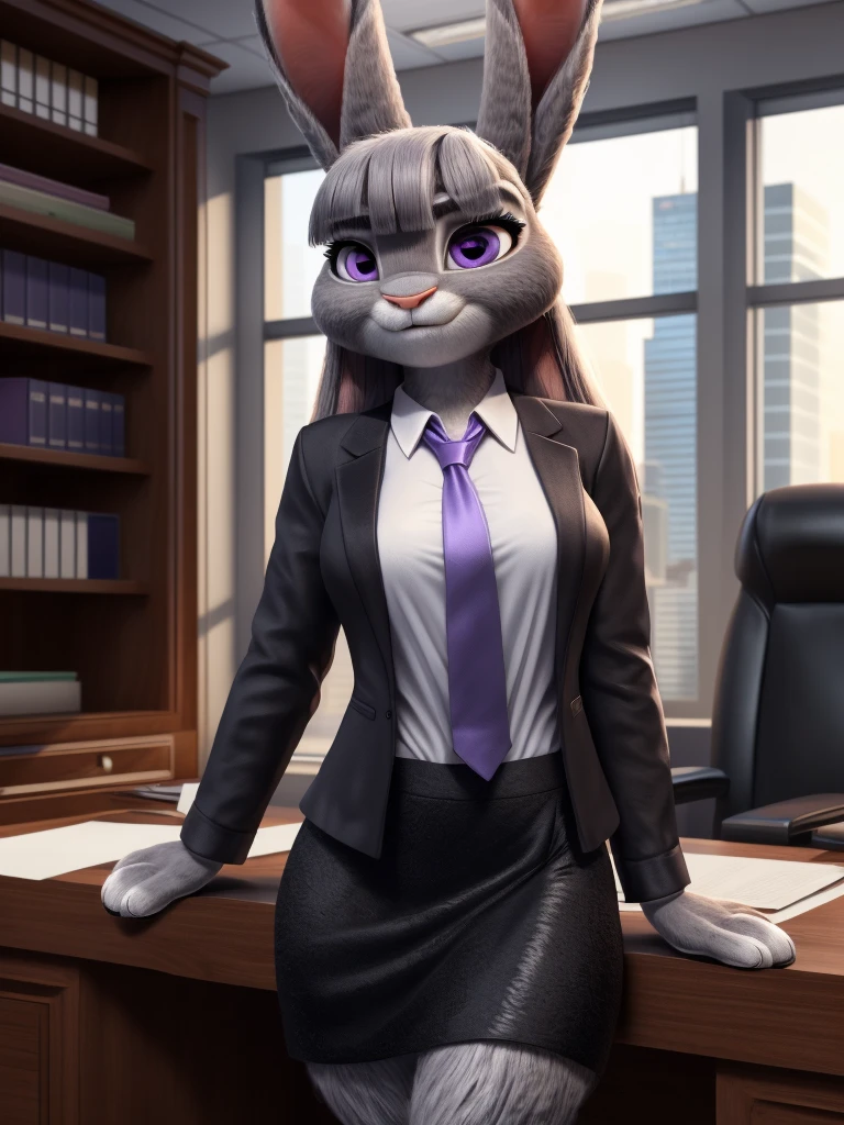 best quality,
masterpiece,
High quality
ultra-detailed
beautiful detailed,
hyper Realistic,
8k , 16k,
3D,
Portrait,
Looking at the audience,
detailed background,
background is an office,
(Face is JudyHopps:1.2),
((long straight hair)),
(see-through bangs:1.3),
beautiful eyes,
bright purple eyes,
(arched eyebrows:1.2),
(uplift eyebrows:1.1),
(rabbit ears:1.1),
office lady is wearing suit,
((White blouse)),
((Black blazer jacket)),
((Black skirt)),
clothes made of cotton,
(outfit is made of wool:1.2),
(((body is made of fabric)))
(body is gray with fluffy and fluffy:1.3),
(solo:1.5),
(1 lady:1.5),
one character only
alone,
Perfect Anatomy