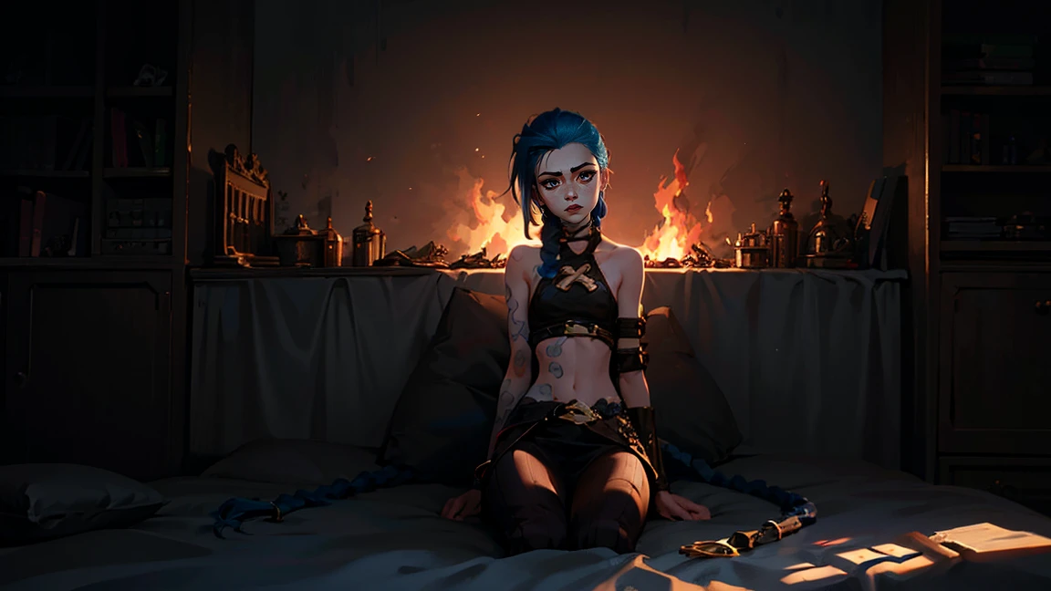 (masterpiece, Best quality), 1 girl, portrait, very sexy, crazy look, smile, crying, pink tears, tears on the cheeks, tears from eyes, full length (full body 1.1.), очень feminine, fighting stance, battle, fire, explosions, burning city, Beautiful waist, gloomy composition, flame, fire, Flash, very beautiful, feminine, long hair, hair braided in long braids, very sexy, tight leather pants, emphasis on the eyes, face accent, Beautiful face, Hands, Hair, Haired ponytail, red purple eyes, Джинкс crying, Blue cloud tattoo, (masterpiece, Best quality), Side lighting, beautiful detailed eyes, crazy face), (Best quality), (masterpiece), magic photography, Spectacular lighting, Photorealism, ultra detailed, интимная portraitная композиция, 1. 4,8 k UHD, aesthetic, Cd., A high resolution, 8 k, better lighting, Best shade, Ultra-HD, A high resolution, sharp focus, Complex background, Cinematic lighting, ((Landscape view)), 4K block, (better lighting), ((Cinematic lighting)),