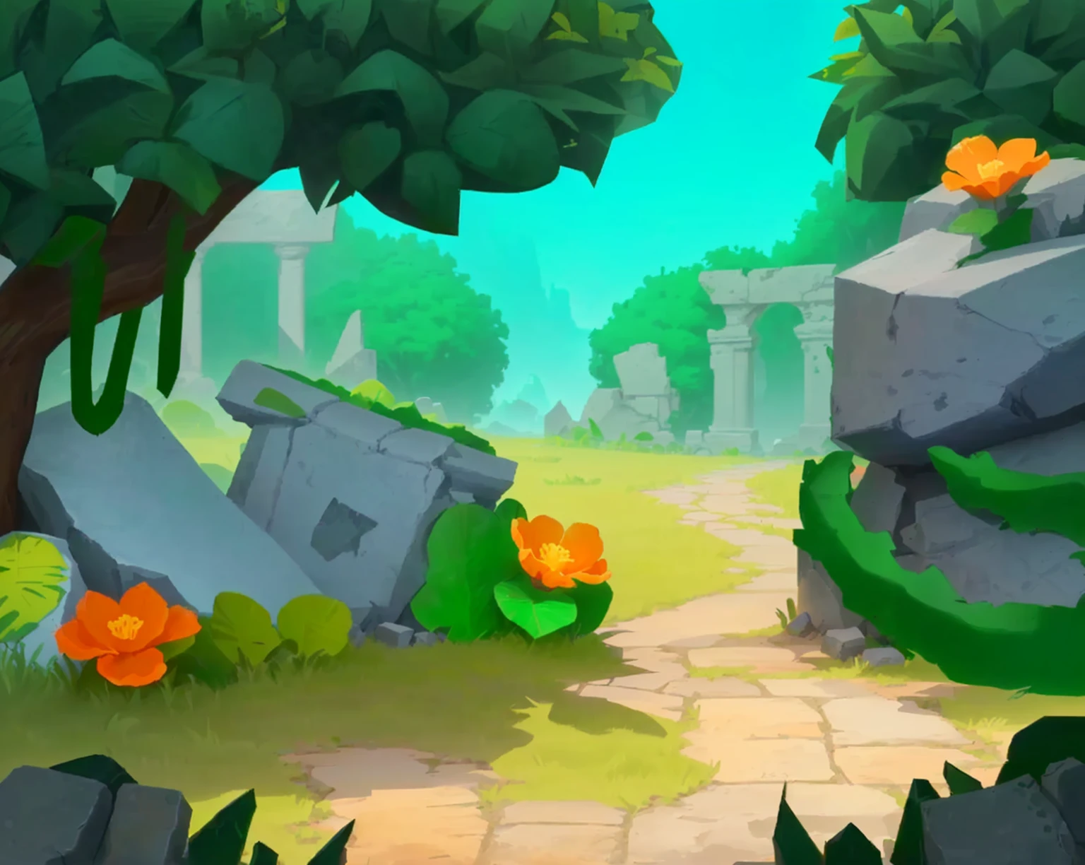 cartoon scene of a stone path with flowers and trees, ancient ruins background, jungle background with ruins, background art, background artwork, mobile game background, odin's stone arena background, stylized game art, 2 d game art background, city ruins background, arena background, background is the ruins, stylized concept art, mobile game art, ruins, 2 d game environment design