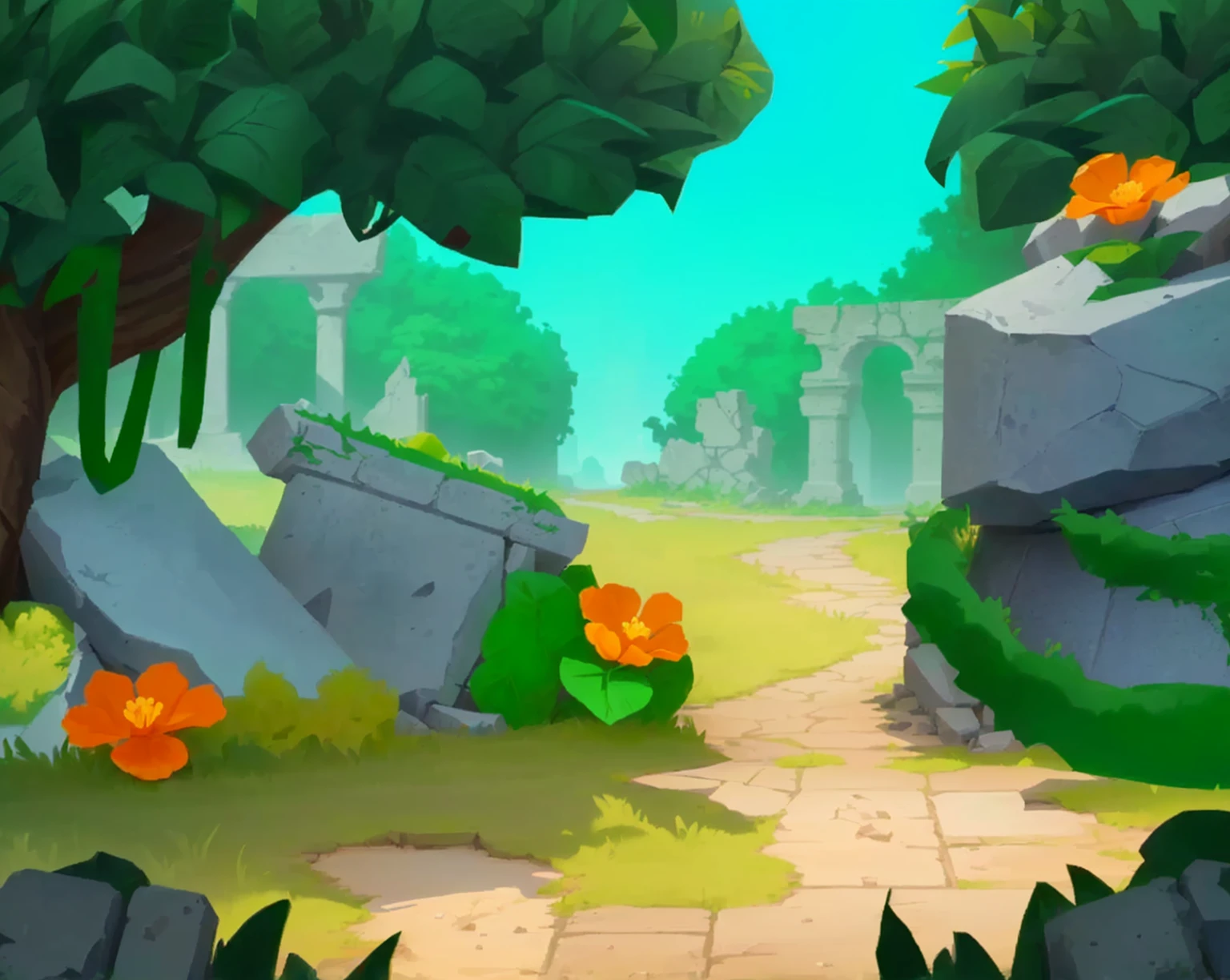 cartoon scene of a stone path with flowers and trees, ancient ruins background, jungle background with ruins, background art, background artwork, mobile game background, odin's stone arena background, stylized game art, 2 d game art background, city ruins background, arena background, background is the ruins, stylized concept art, mobile game art, ruins, 2 d game environment design