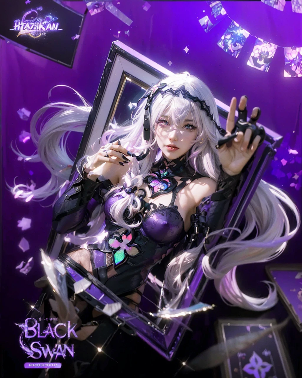 ((BLACK SWAN_HONKAI STARRAIL)),((realistic, photorealistic)),(highlight hair)), Light reflection, (( HD )),((upper body)), (((best quality, masterpiece))), (masterpiece) (best quality) (detail) (8k) (HDR) (wallpaper) (cinematic lighting) (sharp focuasterpiece, best quality: 1.1), Real life adaption of this character, Asian teen beauty face, Shining green eyes, realistic outfit, realistic shadow, realistic light, realism, hyper realistic,realistic hair, realistic background,(photorealistic:1.2), 1girl, glow purple,Gradient black and purple background, broken glass, white hair with white and purple gradations, floating hair, out of the photo frame, hooded,Black Gloves,Motion blur floating cards, glow cards,