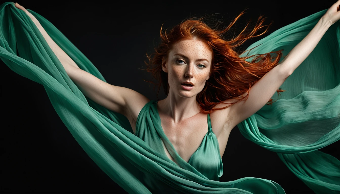 Vibrant monochrome studio photograph featuring a slender Irish woman with a scattering of delicate, golden freckles across her skin, draped in sea-green flowing silk scarves, dancing with unrestrained energy and freedom, as if caught in a whirlwind of movement. The image exudes high realism, with every fold and ripple of the fabric, every strand of her long, fiery red hair, and every muscle of her athletic physique rendered in precise, minute detail. Against a stark, velvety black background, the scarves shine with a soft, luminescent glow, infusing the overall atmosphere with an ethereal, cinematic quality, redolent of classical Hollywood elegance.