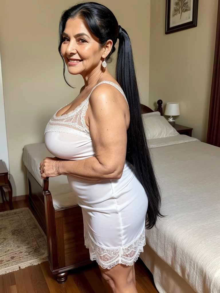 Mature old woman 80 years with black hair, plus size, old face and body with many wrinkles, loose skin, standing at bedroom posing for photo, She wearing white dress and large neckline and lace stockings, ponytail, side view. jaw dropping mature older beauty, old face and body with wrinkles, old face, full visible legs, smiling, attractive grandma, a gorgeous old hair, beautiful old grandma, lovely older mature grandma, gorgeous beautiful grandma over 80 years old, beautiful black hair grandma, beautiful detailed body and face, a beautiful old granny