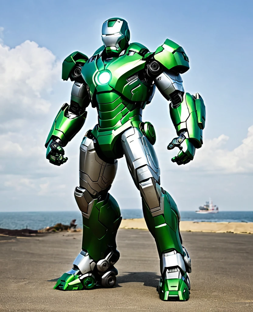 War machine, green and silver random colour, heroic, full body, green silver war mechine ironman style,