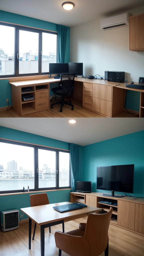 There is a computer in a modern room