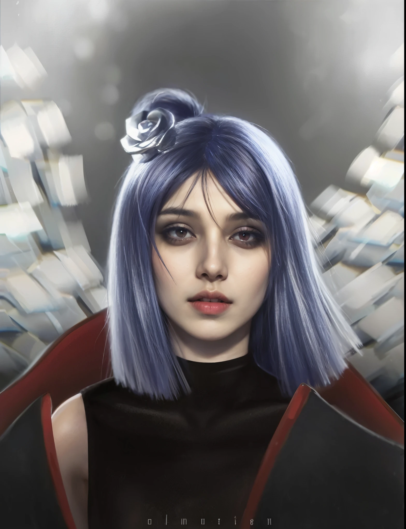 (female:1.2), 8k, ultra hd, ultra detailed texture, hyper realistic, masterpiece, detailed texture, detailed face, detailed skin, detailed lighting, (photorealistic:1.5), best quality, beautiful lighting, cinematic lighting, professional lighting, ultra highres, realistic, detailed hair, real hair, high quality, (realskin:1.5), extremely detailed, finely detail, ultra-detailed, 1girl, solo, elf, pointy ears, standing, demon horns, forehead protector, (red eyes:1.5), v-shapped eyebrow, lips, red lips, evil smile, nose, make up, pretty, beautiful, cute face, long hair, blue hair, high ponytail, large breasts, cleavage, armpit, navel, stomach, black armor, pauldrons, bare shoulders, shoulder armor, thigh high, sleevless, detached sleeves, breastplate, gauntlets, karina \(mobile legends\), depth of field, looking aways, white skin, skin tight, amazing pose, outdoors, glowing, dark view, blurry background