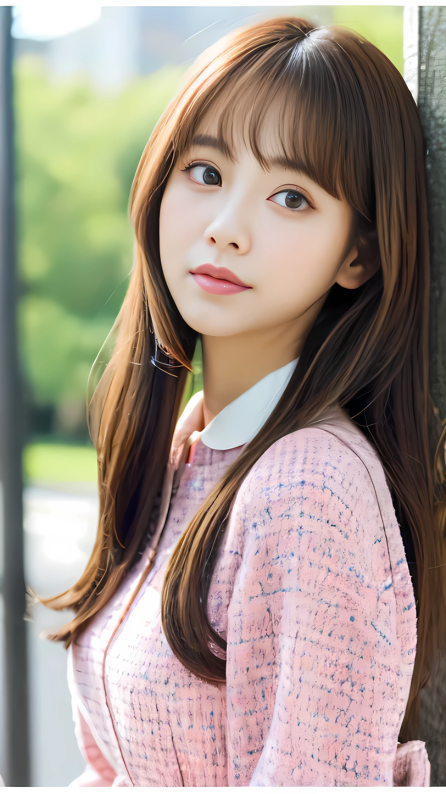 highest quality、Super high quality、realistic images、one japanese girl、20-year-old、bangs、long straight hair、brown hair、long eyelashes、white ribbon、Big eyes、S-class beauty、the cutest face、Beautiful like a Korean idol、Wonyoung、Half-up hairstyle with white ribbon、blouse、Pink Tweed Skirt、look at me shyly