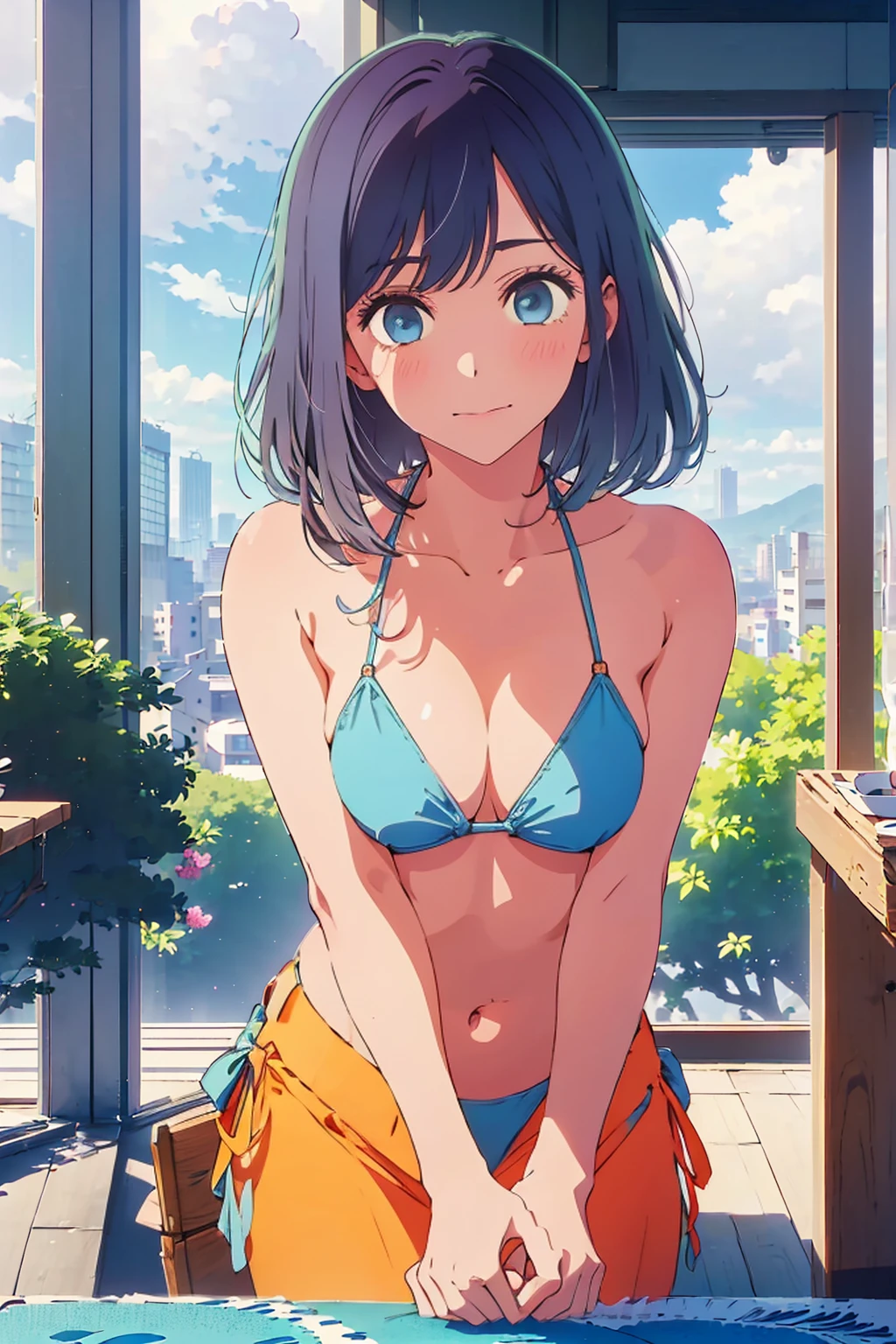 (Highest quality:1.4、8K:1.4、detailed)、F cup bust、Big Breasts、Slim body、Very white beautiful skin、((((1 person、smile、Surprised expression、sit、Chair、In the background are the urban buildings of Tokyo、looking at the camera、Indoor cafe terrace、Navy hair color、Straight Long Hair、juice、Shooting up close、table、Very cute face))))、((((nude、Areola))))、(Touching cheeks with both hands pose:1.4)、(((bikini)))、Nipples、Very blue sky、A completely cloudless sky