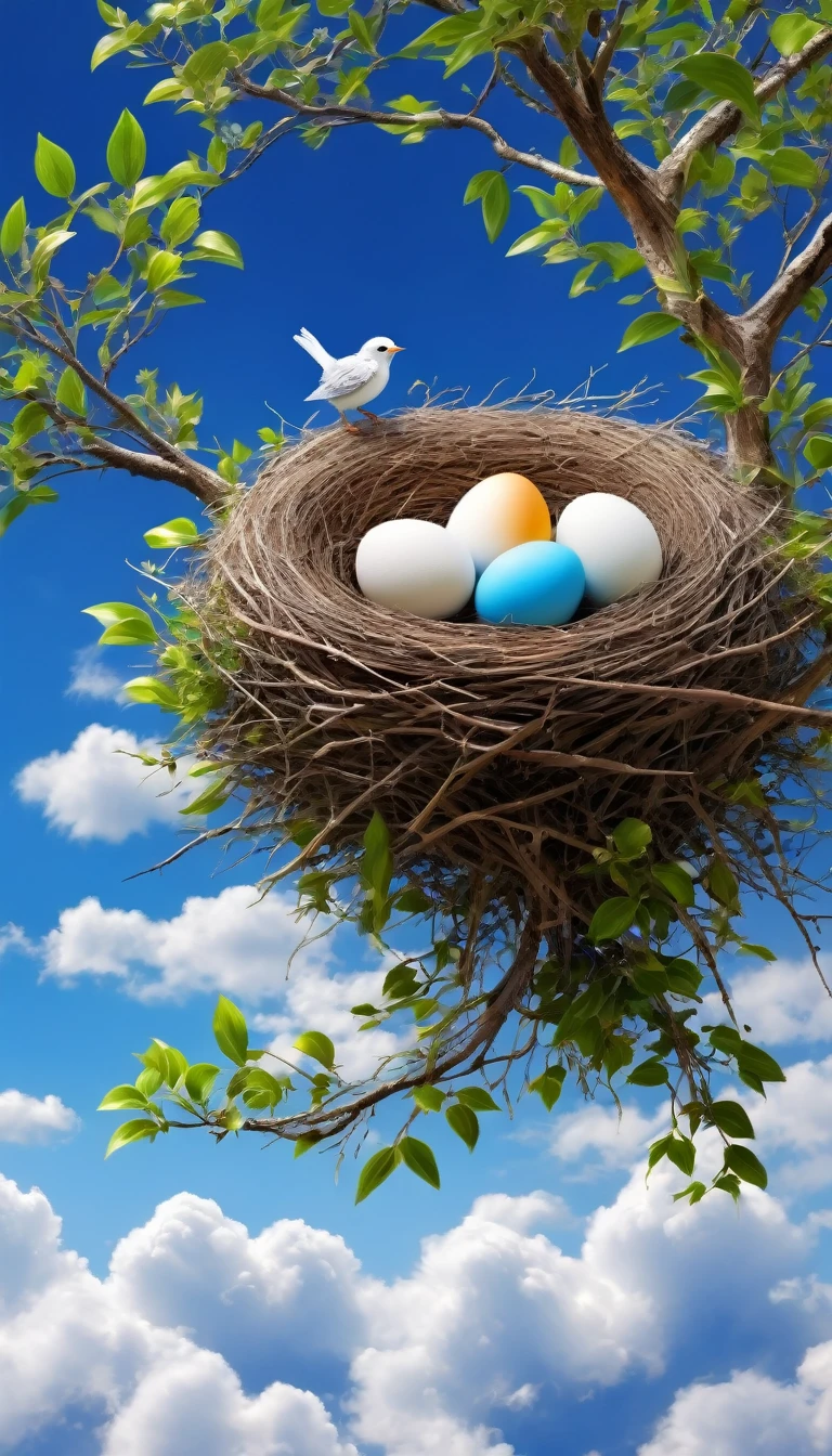 A bird making our nest on a long and beautiful tree, blue colour, clouds wallpaper, HD 3D image, bright colours, white clouds, wallpaper, masterpiece, 2 eggs in the nest , 1 baby chaild bird in nest , full details,