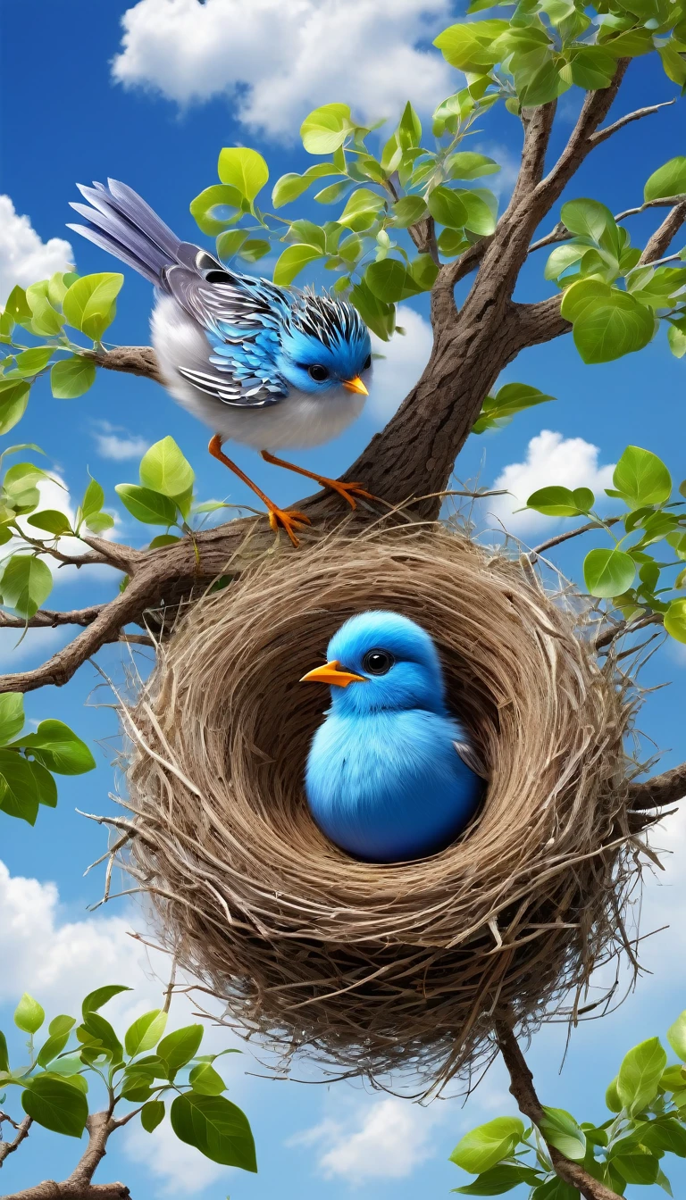 A bird making our nest on a long and beautiful tree, blue colour, clouds wallpaper, HD 3D image, bright colours, white clouds, wallpaper, masterpiece, 2 eggs in the nest , 1 baby chaild bird in nest , full details,