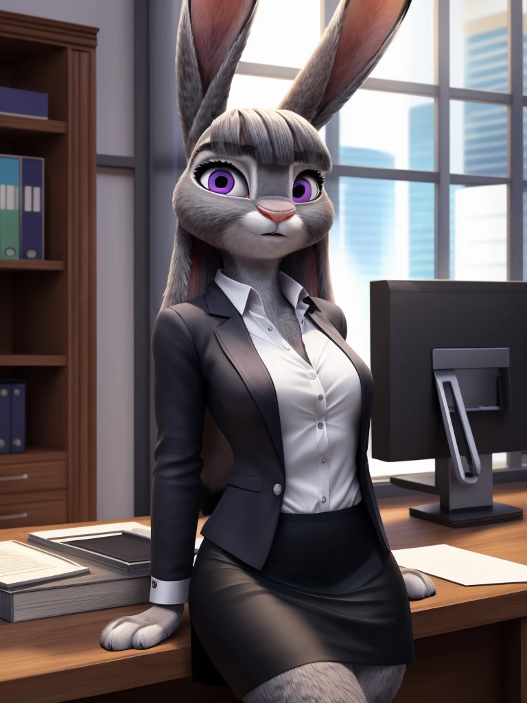 best quality,
masterpiece,
High quality
ultra-detailed
beautiful detailed,
hyper Realistic,
8k , 16k,
3D,
Portrait,
Looking at the audience,
detailed background,
background is an office,
(Face is JudyHopps:1.2),
((long straight hair)),
(see-through bangs:1.3),
beautiful eyes,
bright purple eyes,
(arched eyebrows:1.2),
(uplift eyebrows:1.1),
(rabbit ears:1.1),
office lady is wearing suit,
((White blouse)),
((Black blazer jacket)),
((Black skirt)),
clothes made of cotton,
(outfit is made of fur:1.2),
(((body is made of fabric)))
(body is gray with fluffy and fluffy:1.3),
(solo:1.5),
(1 lady:1.5),
one character only
alone,
Perfect Anatomy