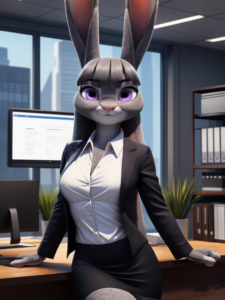 best quality,
masterpiece,
High quality
ultra-detailed
beautiful detailed,
hyper Realistic,
8k , 16k,
3D,
Portrait,
Looking at the audience,
detailed background,
background is an office,
(Face is JudyHopps:1.2),
((long straight hair)),
(see-through bangs:1.3),
beautiful eyes,
bright purple eyes,
(arched eyebrows:1.2),
(uplift eyebrows:1.1),
(rabbit ears:1.1),
office lady is wearing suit,
((White blouse)),
((Black blazer jacket)),
((Black skirt)),
clothes made of cotton,
(outfit is made of fur:1.2),
(((body is made of fabric)))
(body is gray with fluffy and fluffy:1.3),
(solo:1.5),
(1 lady:1.5),
one character only
alone,
Perfect Anatomy