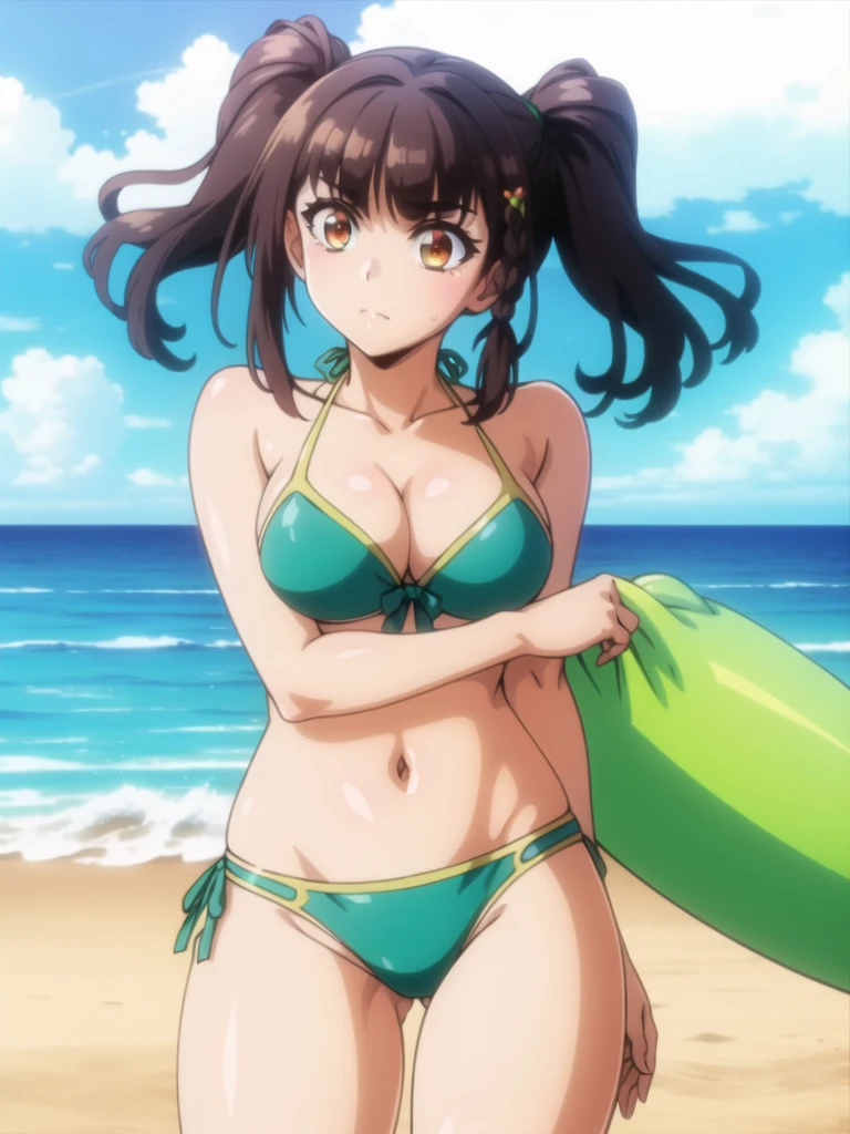 masterpiece, Highest quality, Raphael, Twin tails, Beach, Embarrassing, cowboy shot, green bikini, Looking at me,