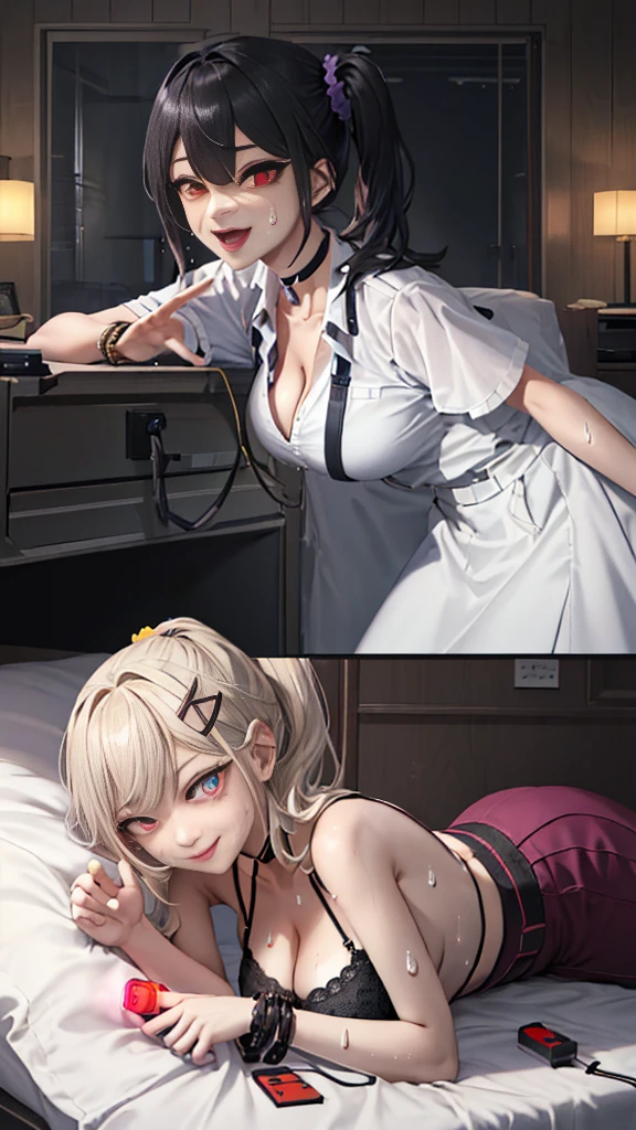 (Safety Sensor、approved、Can be viewed:1.8),masterpiece、Highest quality、Highest quality、Accurate the human body、Lighting to suit the mood、Accurate、Elaborate、masterpiece、Every detail of the face、Long-tailed, Dark Skin, Woman with dark skin, Side Ponytail, hair ornaments, Hair Clip, White shirt, Bra visible through clothes, Chest pocket, Black Choker, Blue tie, Purple scrunchie, bracelet,Latex Blue Pleated Skirt, Thigh straps, Simple Background, whole body, Detailed Background, Leaning forward, alone,Big cleavage、( Big Breasts、Ahegao Smile:1.3、Glowing oil skin:1.5, Sweat,vapor:1.5)、(Dim lighting:1.5, night:1.5, Love hotels in Japan :1.5、Lie down in bed)、((Many words:1.5、Many heartfelt voices:1.5))、Double Peace、The beauty of the eight-headed、Mature adult woman、Emotional :1.3、On the bed、sound、sound、Absolutely safe、Small face、Beautiful Girlfriend