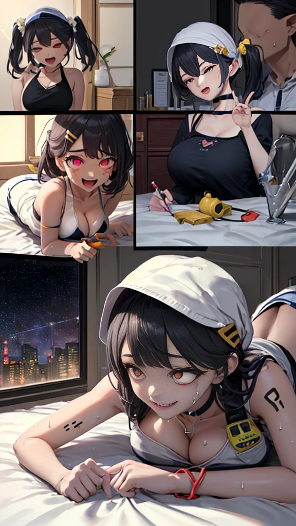 (Safety Sensor、approved、Can be viewed:1.8),masterpiece、Highest quality、Highest quality、Accurate the human body、Lighting to suit the mood、Accurate、Elaborate、masterpiece、Every detail of the face、Long-tailed, Dark Skin, Woman with dark skin, Side Ponytail, hair ornaments, Hair Clip, White shirt, Bra visible through clothes, Chest pocket, Black Choker, Blue tie, Purple scrunchie, bracelet,Latex Blue Pleated Skirt, Thigh straps, Simple Background, whole body, Detailed Background, Leaning forward, alone,Big cleavage、( Big Breasts、Ahegao Smile:1.3、Glowing oil skin:1.5, Sweat,vapor:1.5)、(Dim lighting:1.5, night:1.5, Love hotels in Japan :1.5、Lie down in bed)、((Many words:1.5、Many heartfelt voices:1.5))、Double Peace、The beauty of the eight-headed、Mature adult woman、Emotional :1.3、On the bed、sound、sound、Absolutely safe、Small face、Beautiful Girlfriend