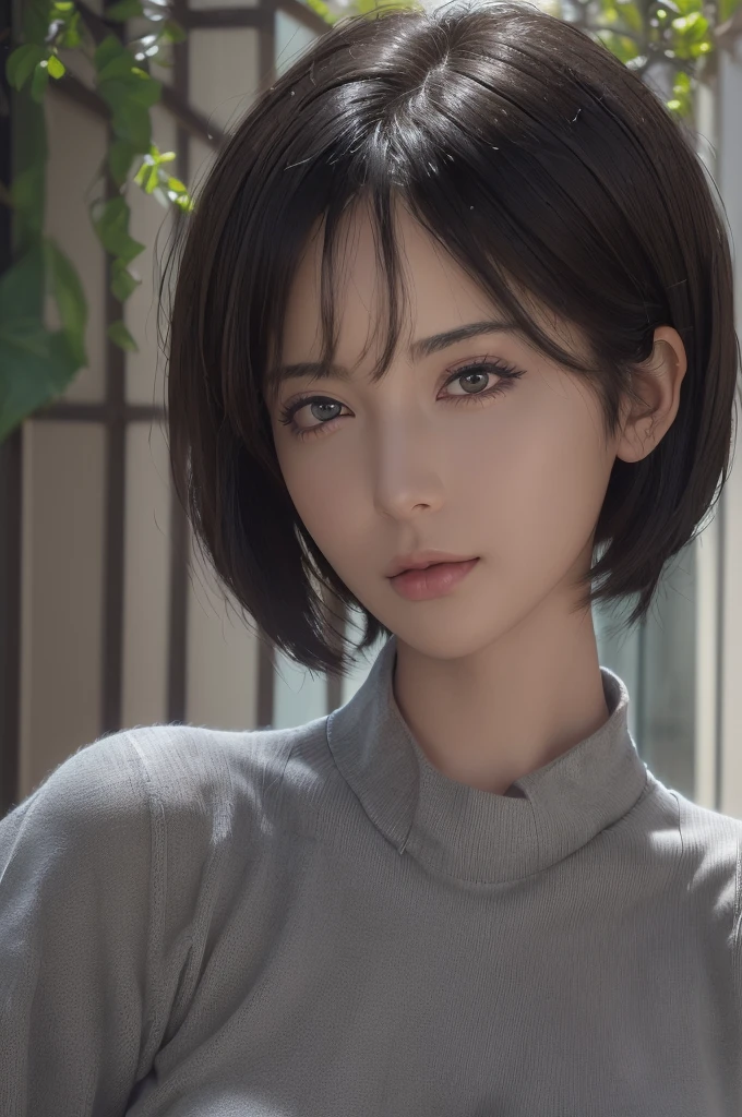 (masterpiece:1.3), (8k, photorealistic, RAW photo, best quality: 1.4), (1girl), beautiful face, (realistic face), (black hair, short hair:1.3), beautiful hairstyle, realistic eyes, beautiful detailed eyes, (realistic skin), beautiful skin, (sweater), absurdres, attractive, ultra high res, ultra realistic, highly detailed, golden ratio