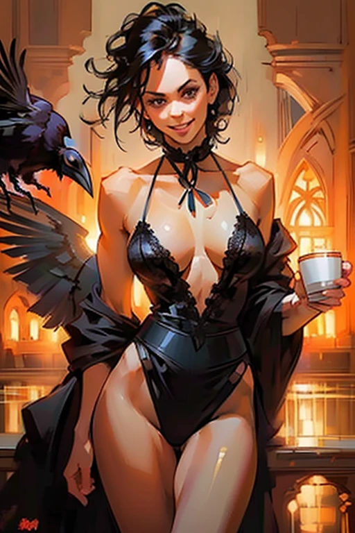 ((raven in background:1.4)), ((pov, serving the viewer a cup of coffee, friendly smile:1.3)),Good morning. sexy 21 yo woman,(Mexican)descent, dark hair, brown eyes, beautiful athletic figure, natural perky breasts, perfect ass, tan, shapely toned legs, silk robe, sheer lace black lingerie. Masterpiece, (highly detailed:1.2),(detailed face and eyes:1.2), 8k wallpaper, Moody lighting. core shadows, high contrast, bokeh.