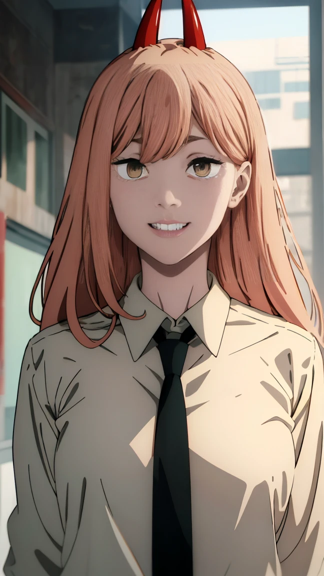 (Best quality), (masterpiece), (only), 1 girl, Maybe_XM, peach hair, yellow eyes, cross-shaped pupils, pupils in the form of symbols, red horns, white button up shirt, black tie, sharp teeth, smile, long hair, whole body