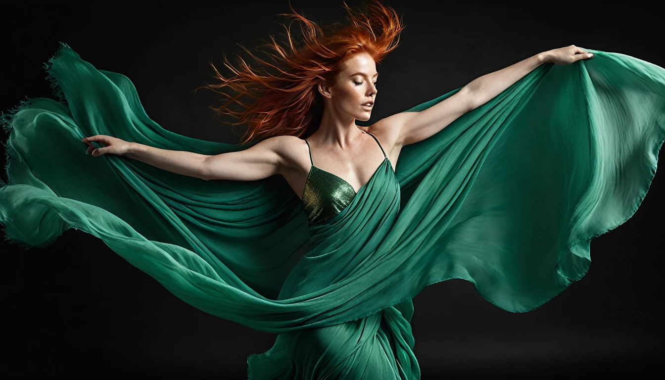 full body shot. Vibrant monochrome studio photograph featuring a slender Irish woman with a scattering of delicate, golden freckles across her skin, draped in sea-green flowing silk scarves, dancing with unrestrained energy and freedom, as if caught in a whirlwind of movement. The image exudes high realism, with every fold and ripple of the fabric, every strand of her long, fiery red hair, and every muscle of her athletic physique rendered in precise, minute detail. Against a stark, velvety black background, the scarves shine with a soft, luminescent glow, infusing the overall atmosphere with an ethereal, cinematic quality, redolent of classical Hollywood elegance.