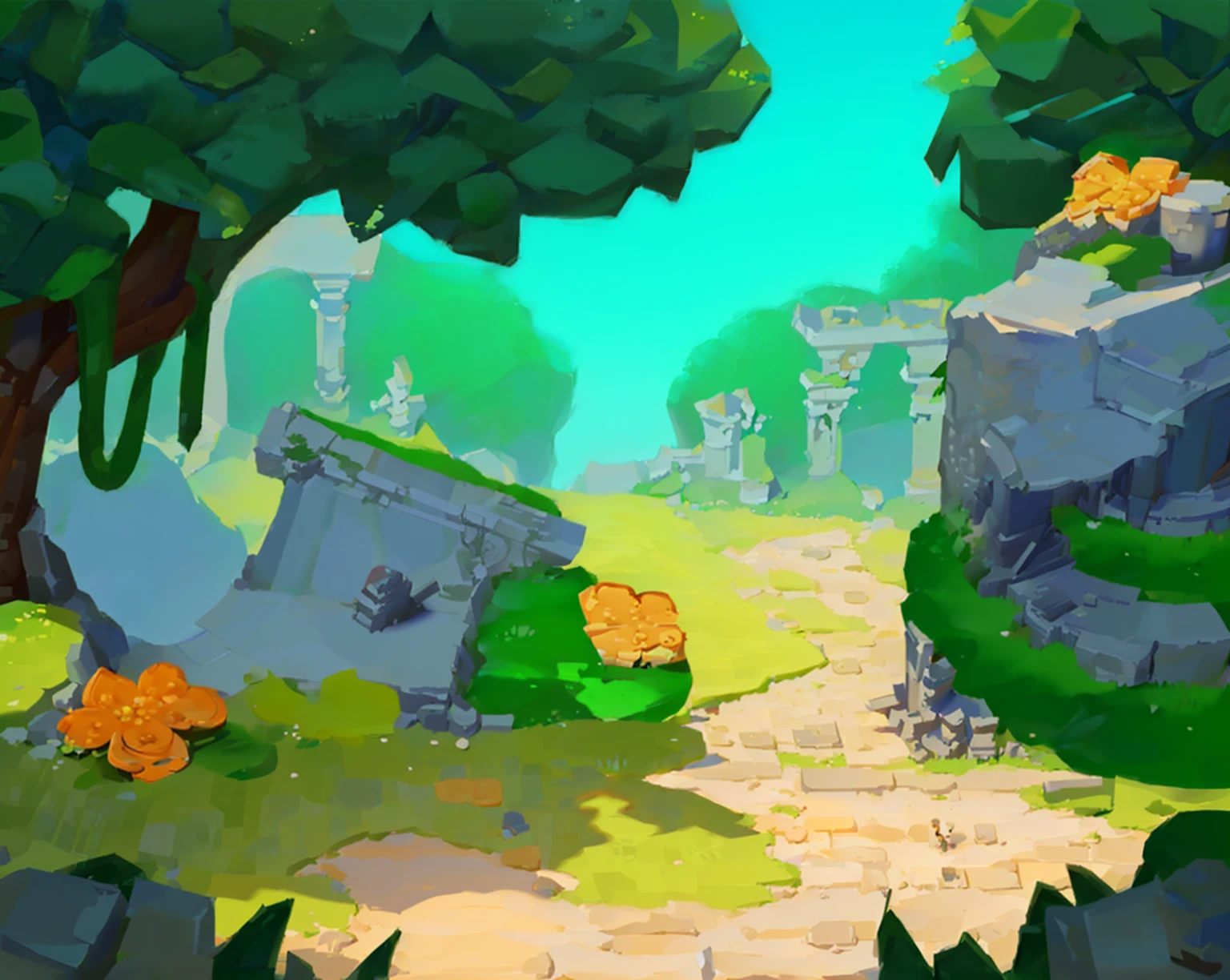 cartoon scene of a stone path with flowers and trees, ancient ruins background, jungle background with ruins, background art, background artwork, mobile game background, odin's stone arena background, stylized game art, 2 d game art background, city ruins background, arena background, background is the ruins, stylized concept art, mobile game art, ruins, 2 d game environment design