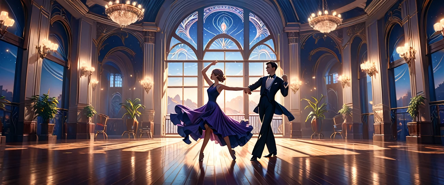 a man and woman dancing tango, art deco ballroom, 1920s, 1 man 1 woman, sexy tango dance pose, ballroom dancers, ornate art deco interior, detailed architectural features, chandelier, (best quality,4k,8k,highres,masterpiece:1.2),ultra-detailed,(realistic,photorealistic,photo-realistic:1.37),cinematic lighting, dramatic shadows, Outside the window is a balcony. a narrow french window with an arched top leads out to the balcony.,man facing forward, woman facing away from viewer, dancing the tango, woman is wearing a purple dress with slit, she has her right leg out to the side, (exposing her thigh:1.5), Outside is dark, small stars are shining in (the dark blue sky:1.3), (dimly lit room:1.2), and shadows are cast on the eye sockets, making it impossible to read their expressions, detailed facial features, beautiful dress, formal attire, natural lighting, warm color palette,