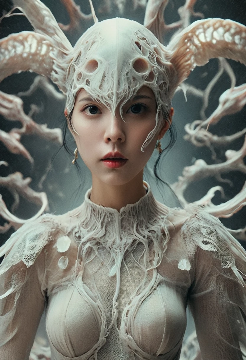 Shocking visual art, a new interpretation of pop art, a strange and disturbing atmosphere, a breathless force, a close up of a person wearing a hat, digital art inspired by Hedi Xandt, trending on cgsociety, digital art, karol bak uhd, cyberpunk high fashion, futuristic and ethereal