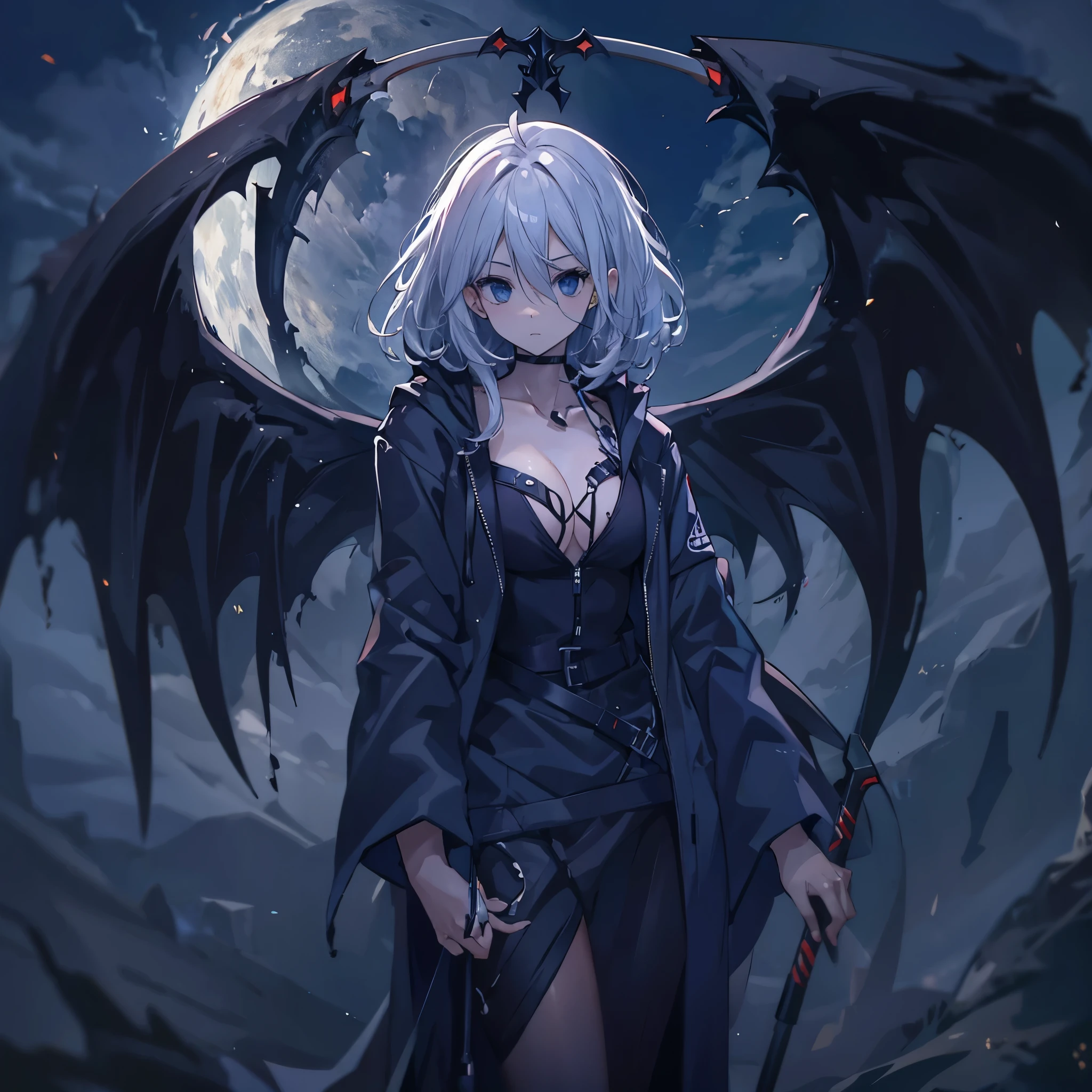 (((Grim Reaper&#39;s Scythe　Lucifer)))　(((Gray Hair　Short Hair　blue eyes　girl)))，((night　full moon　My own big wings))，(Wearing a hood　Black camisole　Skull mark　Purple light)，　Shining Background　Shining Edge