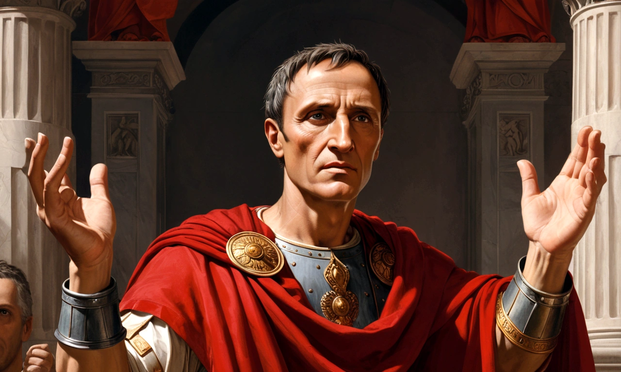 Renaissance painting of Julius Caesar, emperor of Rome, with his hands up as if he had given thanks, after a battle, he is satisfied, a heroic and hypocritical man, he is wearing his iconic clothes and his red cape.