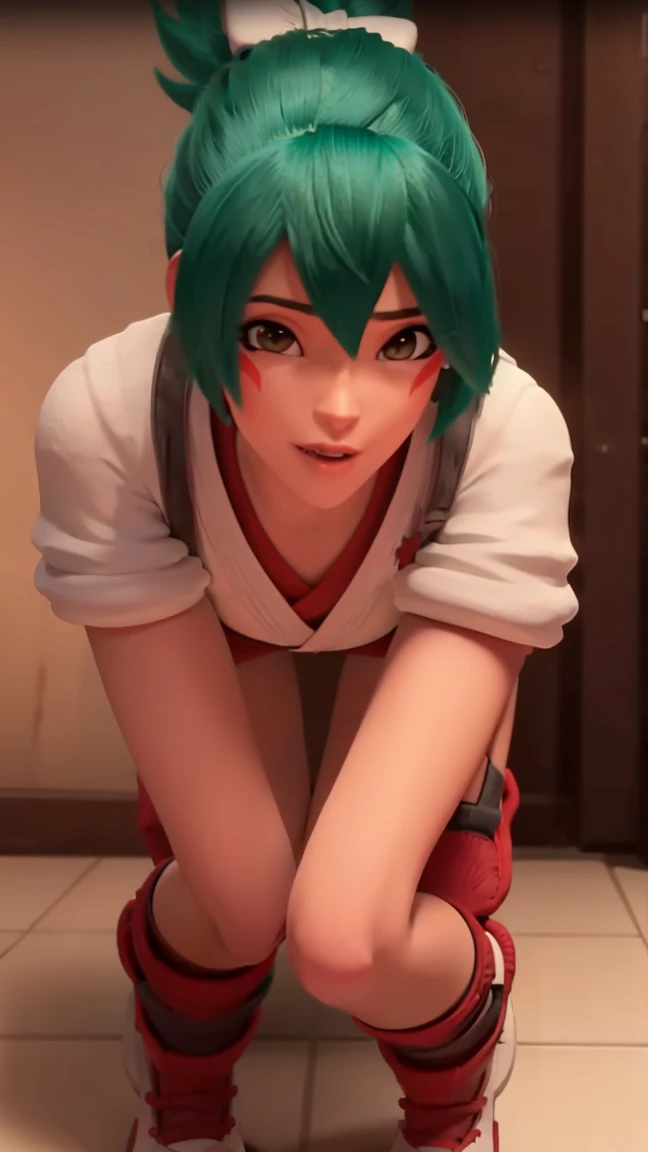  (owkiriko), kiriko \(overwatch\), green hair:0.7, red fox helmet, red sneakers, outside, blushing, underwear, lingerie, ass, , nsfw, bending over, sexy, bra