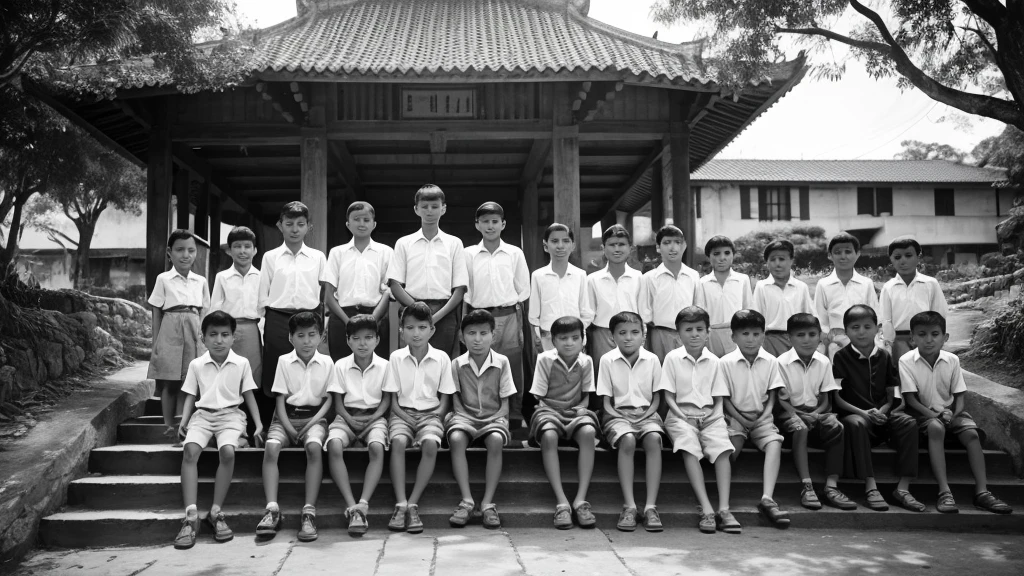 1930s, monochrome photography, a lot of Southeast Asian Children, stairs, outdoors, building, group photo, group, commemorative photo, the leader boy is in the center with his arms crossed, 32K, Best quality, Masterpiece, super detail, High Details,