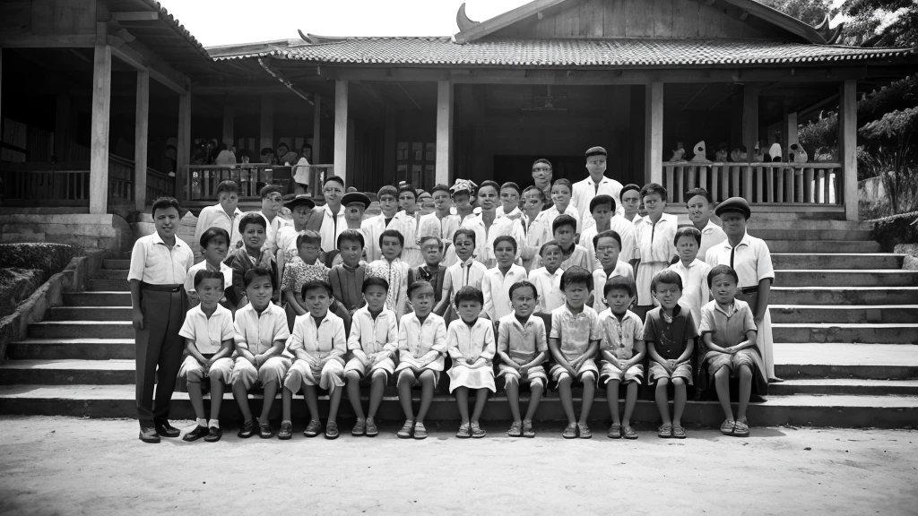 1930s, monochrome photography, a lot of Southeast Asian Children, stairs, outdoors, building, group photo, group, commemorative photo, the leader boy is in the center with his arms crossed, 32K, Best quality, Masterpiece, super detail, High Details,