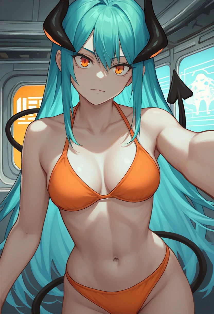score_9, score_8_up, score_7_up,1 daemon woman,black demon horns, black demon tail, (aquamarine hair),aquamarine green color hair,ahoge, long hair, (long hair),bangs, light orange bikini,bikini is orange, bikini orange, orange bikini!, (orange eyes), background is spaceship, orange eyes, 1woman ,facing viewer, daemon girl, close up,Well-endowed, alone,Spacecraft interior