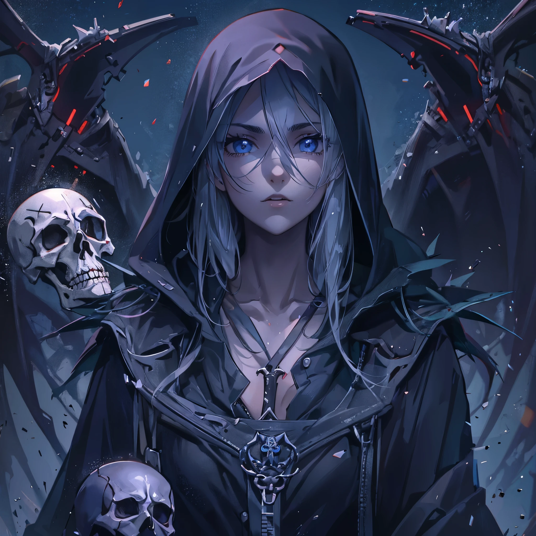 (((Grim Reaper&#39;s Scythe)))　(((Gray Hair　Short Hair　blue eyes　girl)))，((night　full moon　My own big wings))，(Wearing a hood　Black camisole　Skull mark　Purple light)，　Shining Background　Shining Edge