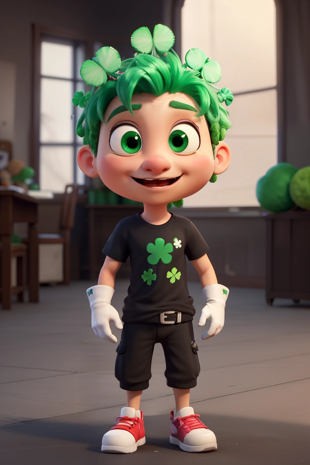 ((best qualityer)), (in 3d)), ((1 CLOVER MASCOT)) with eyes and mouth wearing a black t-shirt and wearing white gloves
