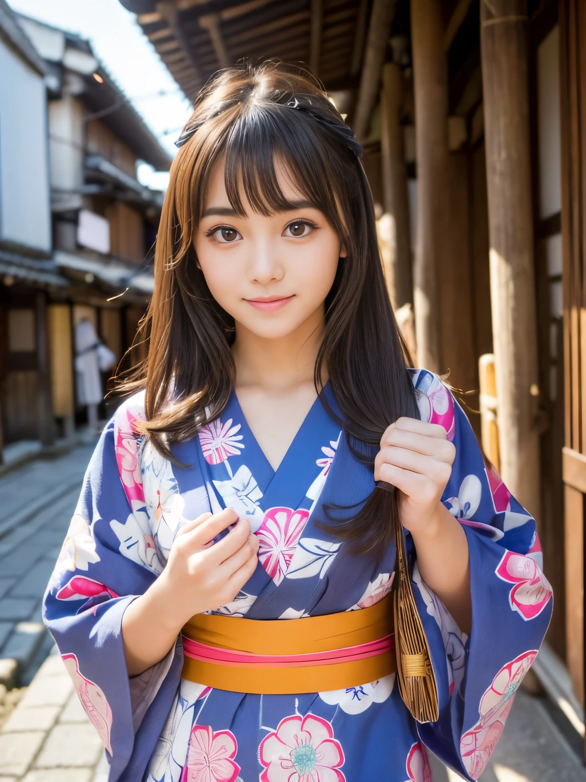 (Best-quality, Masterpiece, Ultra-High-Resolution, (Photorealistic:1.4), Raw Photo, depth of field, professional lighting, perfect anatomy, extremely details), 1girl, 15-years-old, the most famous Japanese idol, full body, ( wearing Japanese-YUKATA with cute-design), walking down main street in Kyoto-City, (extremely cute face, ((extremely cute big-eyes)), extremely cute hair, extremely beautiful skins), extremely cute long-eyelashes, extremely cute lips, looking at viewer, innocent smile, (detailed Japanese-YUKATA, detailed main-street-in-Kyoto-City)
