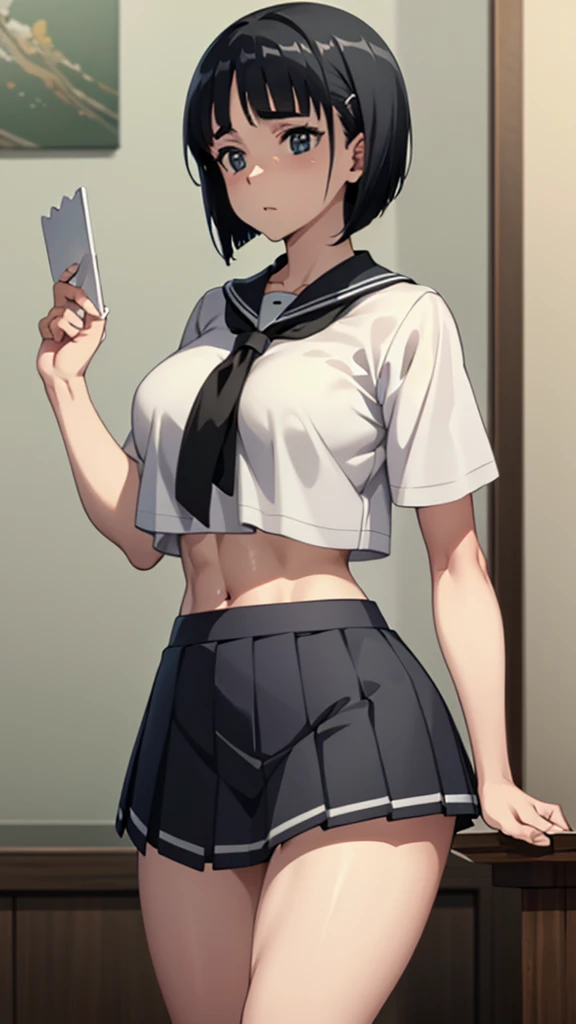 anime,masterpiece,BREAK,Suguha Kirigaya,black short hair,Highly detailed face,BREAK(Short-sleeved white sailor suit,Crop top,lowrise,Short pleated skirt),