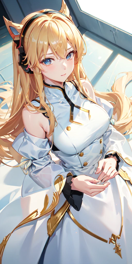 (Overhead view),dynamic angle,ultra-detailed, illustration, close-up, straight on, 1girl, 
 ((souryuu asuka langley, interface headset, armour:1.4, blonde)),Her eyes shone like dreamy stars,(glowing eyes:1.233),(beautiful and detailed eyes:1.1),(expressionless,closed mouth),(standing), 
( room with toolsand spaceship window(night:1.2),dreamy, [[delicate fingers and hands:0.55]::0.85],(detail fingers),