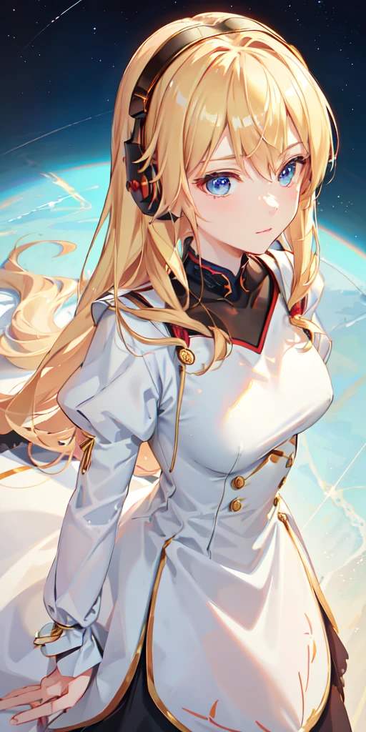 (Overhead view),dynamic angle,ultra-detailed, illustration, close-up, straight on, 1girl, 
 ((souryuu asuka langley, interface headset, armour:1.4, blonde)),Her eyes shone like dreamy stars,(glowing eyes:1.233),(beautiful and detailed eyes:1.1),(expressionless,closed mouth),(standing), 
( room with toolsand spaceship window(night:1.2),dreamy, [[delicate fingers and hands:0.55]::0.85],(detail fingers),