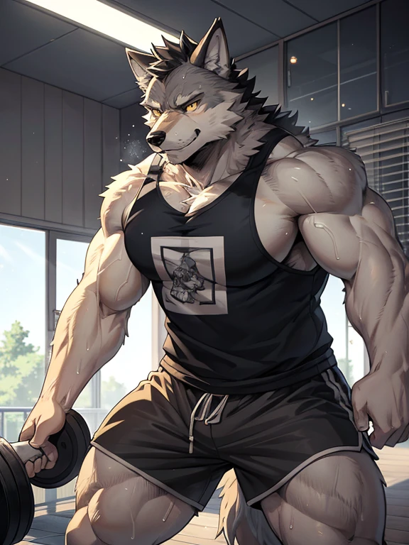 Muscular anthropomorphic wolf, dark grey fur, in his 30s, yellow eyes, wearing tshirt and shorts, in gym, Perfect detailed features, comic realism, 2D, working out, sweating, Hand drawn, manga style, comic style, drawing, big wolf, handsome, sparkling light, rugged, looking at camera, comic style