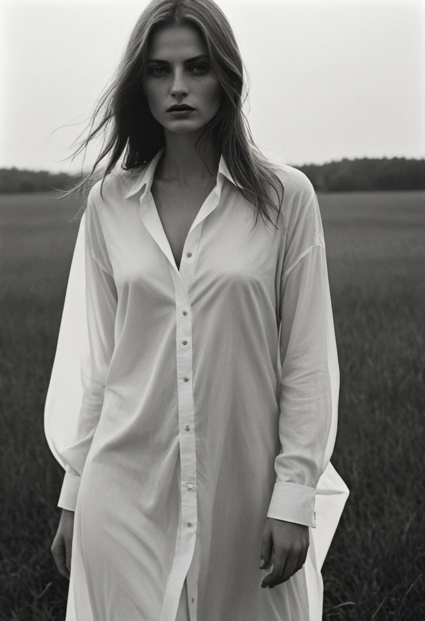 (dark mood masterpiece Photography by Mario Giacomelli:1.2), evil slavic woman, pale skin, long dark blond hair, Stunning b&w 35mm full body photo of a beautiful, perfecteyes, dark circles under eyes, highly detailed skin, (lightest freckles:0.9), standing in a casual pose with her hands on her nipples. wearing (wide-open:1.34) white_silk_shirt. unbuttoned shirt. (nipslip:1.4). a loose-fitting oversized men's unbuttoned shirt, open white business shirt. intricate poses by ruth bernhard. (Photography and style by ruth bernhard). 35mm, Hasselblad. capturing fashion-forward visuals, creating visual impact,evoking emotion,pushing creative boundaries. golden hour, shot from the side, playful pose, god rays,artistic photoshoot