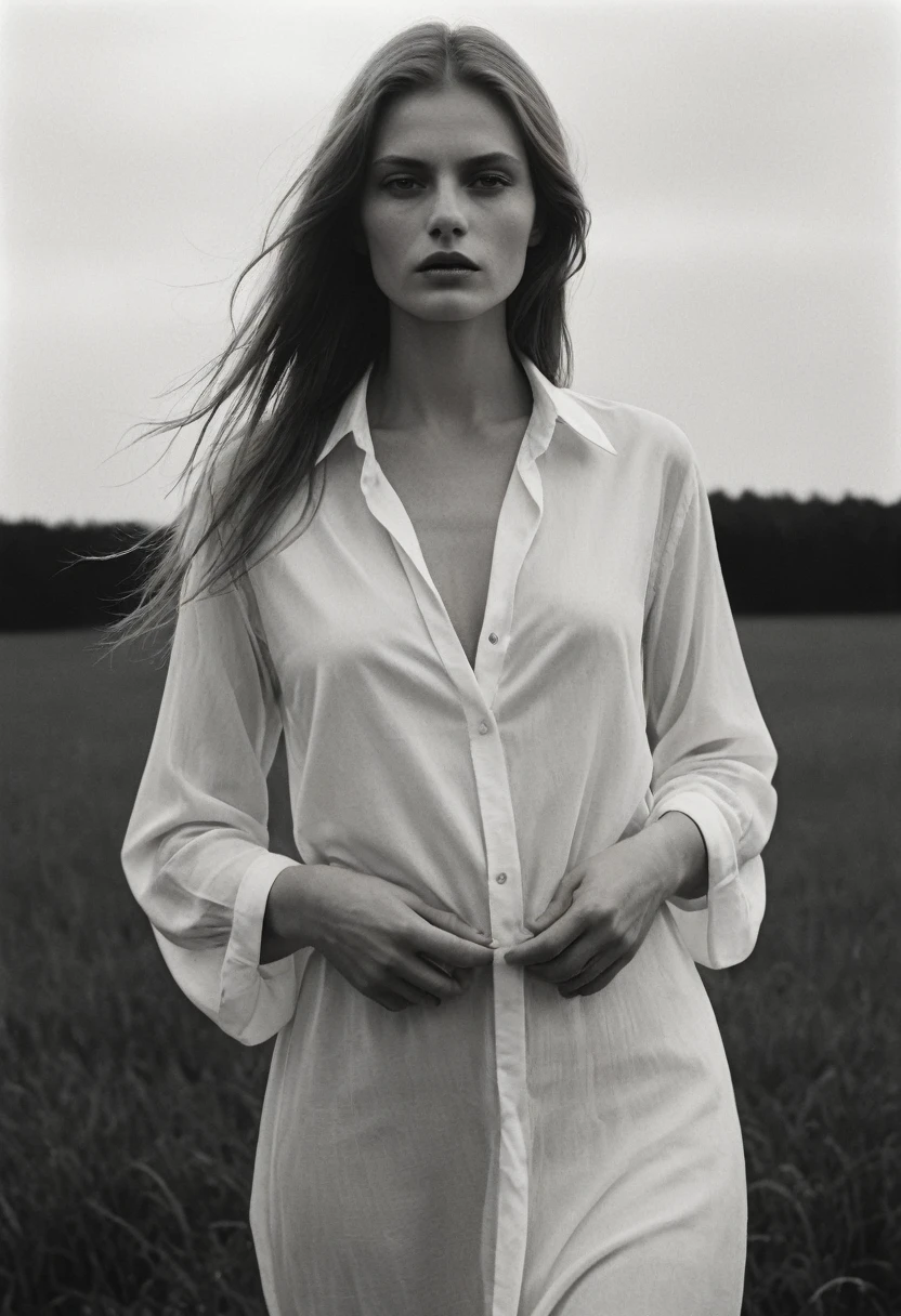 (dark mood masterpiece Photography by Mario Giacomelli:1.2), evil slavic woman, pale skin, long dark blond hair, Stunning b&w 35mm full body photo of a beautiful, perfecteyes, dark circles under eyes, highly detailed skin, (lightest freckles:0.9), standing in a casual pose with her hands on her nipples. wearing (wide-open:1.34) white_silk_shirt. unbuttoned shirt. (nipslip:1.4). a loose-fitting oversized men's unbuttoned shirt, open white business shirt. intricate poses by ruth bernhard. (Photography and style by ruth bernhard). 35mm, Hasselblad. capturing fashion-forward visuals, creating visual impact,evoking emotion,pushing creative boundaries. golden hour, shot from the side, playful pose, god rays,artistic photoshoot