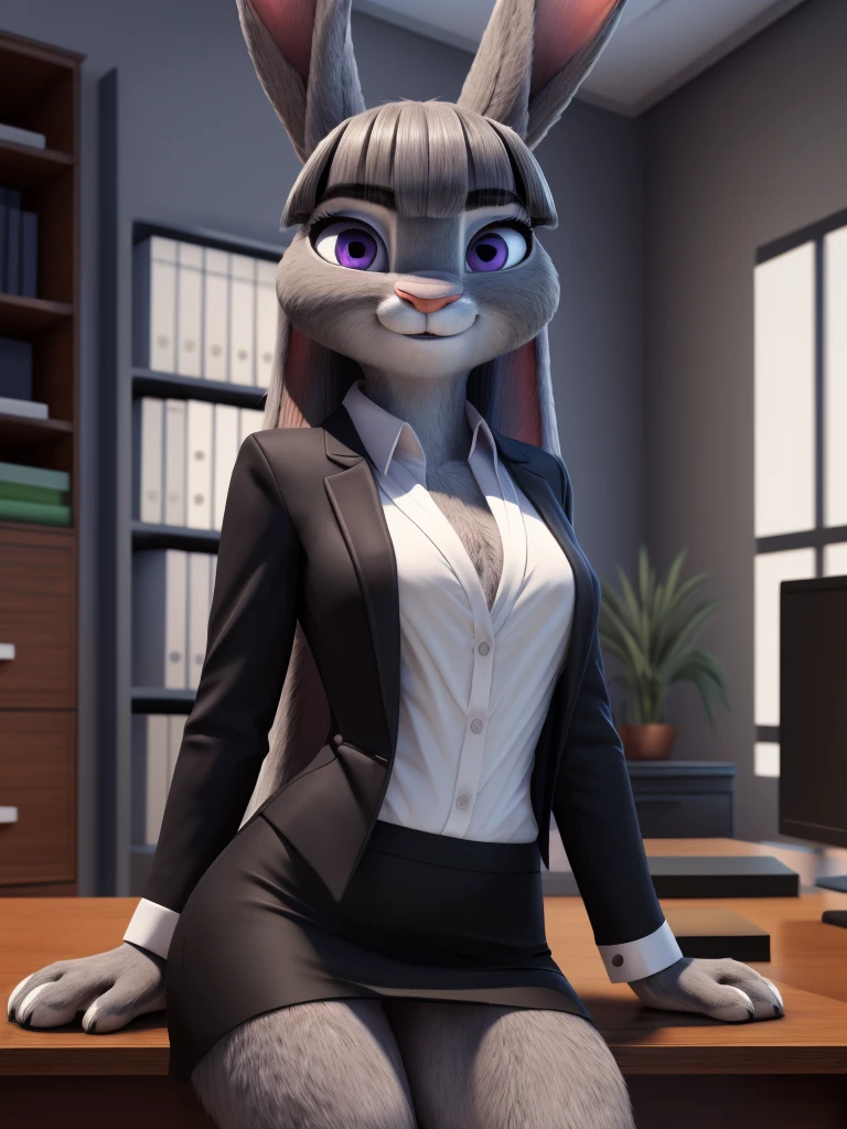 best quality,
masterpiece,
High quality
ultra-detailed
beautiful detailed,
hyper Realistic,
8k , 16k,
3D,
Portrait,
Looking at the audience,
detailed background,
background is an office,
(Face is JudyHopps:1.2),
((long straight hair)),
(see-through bangs:1.3),
beautiful eyes,
bright purple eyes,
(arched eyebrows:1.2),
(uplift eyebrows:1.1),
(rabbit ears:1.1),
office lady is wearing suit,
((White blouse)),
((Black blazer jacket)),
((Black skirt)),
clothes made of cotton,
(body is gray with fluffy and fluffy:1.3),
(solo:1.5),
(1 lady:1.5),
one character only
alone,
Perfect Anatomy