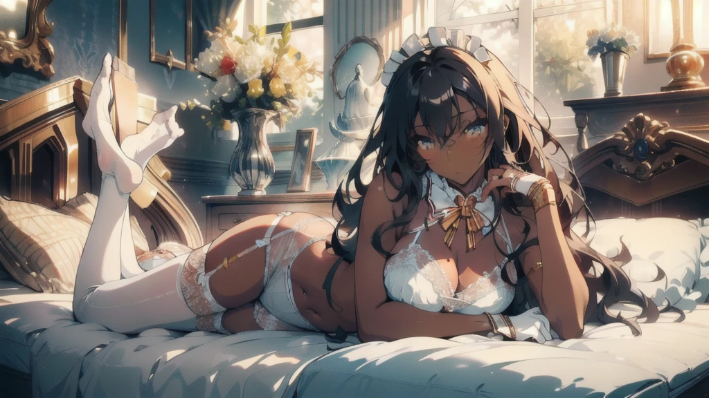 ((masterpiece, best quality)), Delicate face,Maid,whole body,dark skin,Long legs,Large Breasts,Gradient long wavy hair,Perfect body proportions,Pretty golden eyes,Extremely beautiful,transparent, Pure white background,Lying down,Erotic_lingerie,sexly_比基尼,Lace,Garter stockings