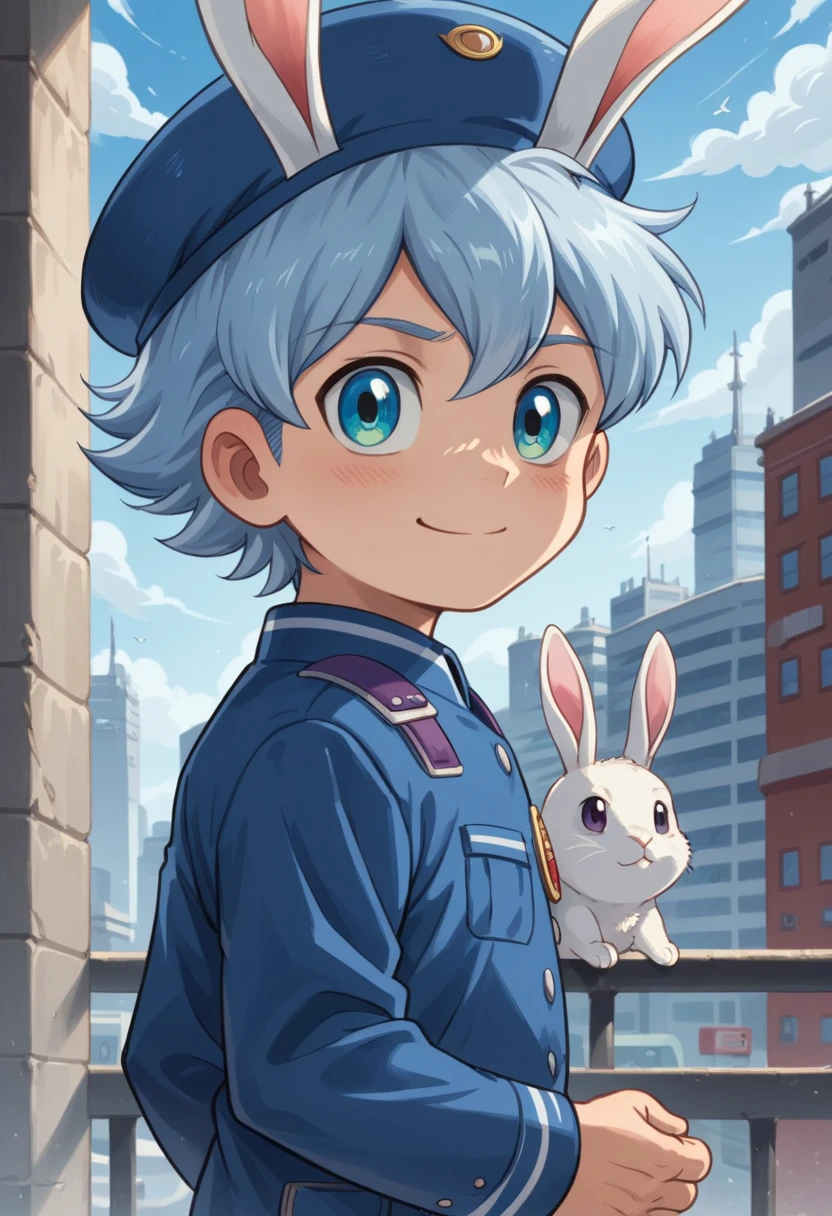 Score_9, score_8_up, score_7_up, rating_safe, Cute young naked boy, luca,blue hair, blue eyes, rabbit ears,rabbit boy,　cute face, very smail, light smile,  grinning evily，Boy student，short detailed hair，Shota，solo person，Wear a red and blue beret，Red and blue open postman uniform，punky style，Black stroke，solo person，Fluttering feathers，The city of the future，nigth，Contre-Jour,