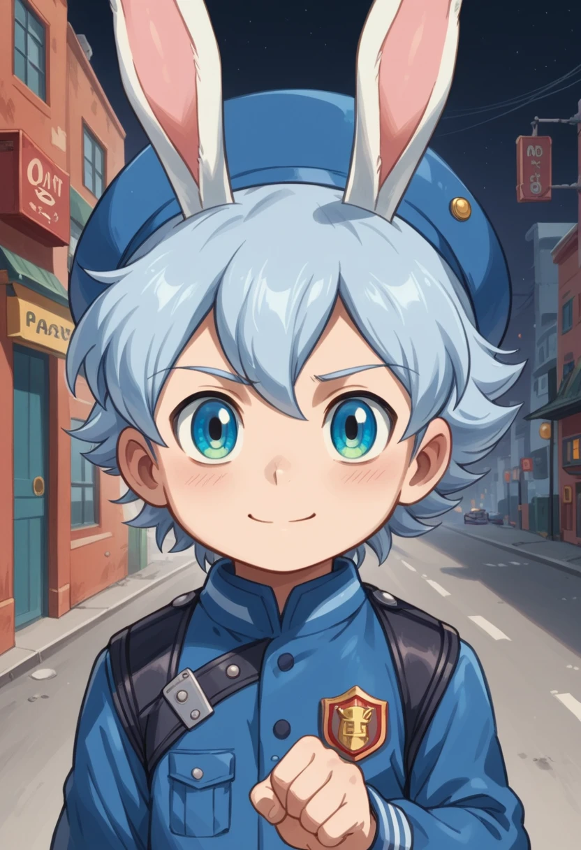 Score_9, score_8_up, score_7_up, rating_safe, Cute young naked boy, luca,blue hair, blue eyes, rabbit ears,rabbit boy,　cute face, very smail, light smile,  grinning evily，Boy student，short detailed hair，Shota，solo person，Wear a red and blue beret，Red and blue open postman uniform，punky style，Black stroke，solo person，Fluttering feathers，The city of the future，nigth，Contre-Jour,