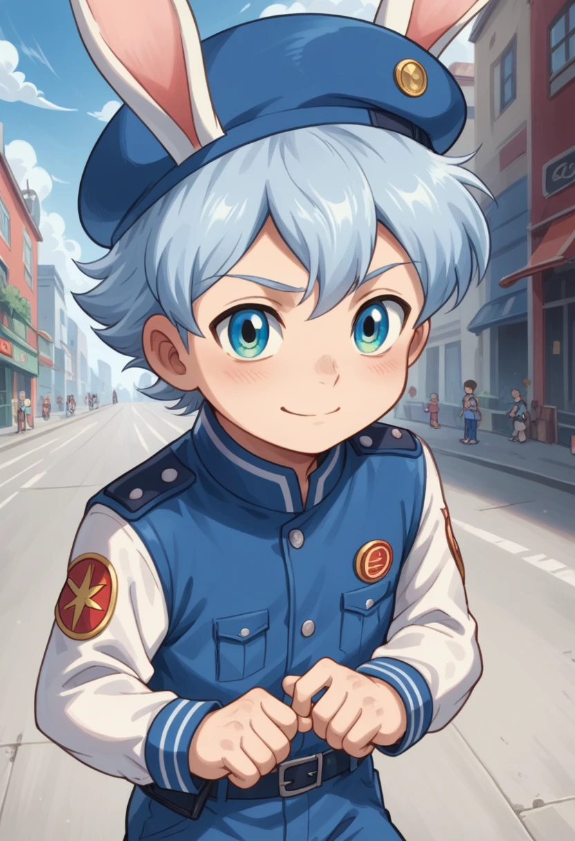 Score_9, score_8_up, score_7_up, rating_safe, Cute young naked boy, luca,blue hair, blue eyes, rabbit ears,rabbit boy,　cute face, very smail, light smile,  grinning evily，Boy student，short detailed hair，Shota，solo person，Wear a red and blue beret，Red and blue open postman uniform，punky style，Black stroke，solo person，Fluttering feathers，The city of the future，nigth，Contre-Jour,