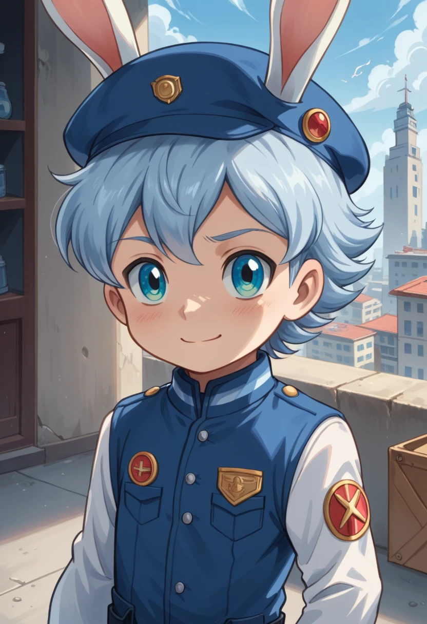 Score_9, score_8_up, score_7_up, rating_safe, Cute young naked boy, luca,blue hair, blue eyes, rabbit ears,rabbit boy,　cute face, very smail, light smile,  grinning evily，Boy student，short detailed hair，Shota，solo person，Wear a red and blue beret，Red and blue open postman uniform，punky style，Black stroke，solo person，Fluttering feathers，The city of the future，nigth，Contre-Jour,