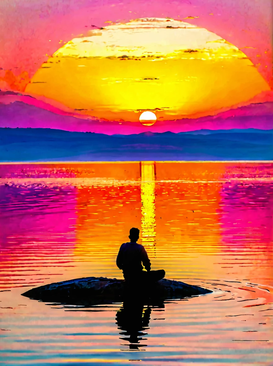 Imagine a peaceful and tranquil sunrise, Atop a hill, embraced by the calm waters surrounding it, imagine a single figure basking in the first light of daybreak, The sky blushes with hues of oranges and pinks as the sun peaks from the horizon casting its warm glow onto the water, imbuing it with the same brilliance, The figure sits, looking out onto the shimmering surface of the water, the gleaming sun in the distance marking the hopeful beginning of a new day, The scene is flooded with bright, vibrant colors and the light of dawn creates dramatic shadows, enhancing the grandeur of the environment. The vantage point is similar to that offered by a wide-angle lens, providing a panoramic view of the vast wilderness, under the theme of adventure and exploration.