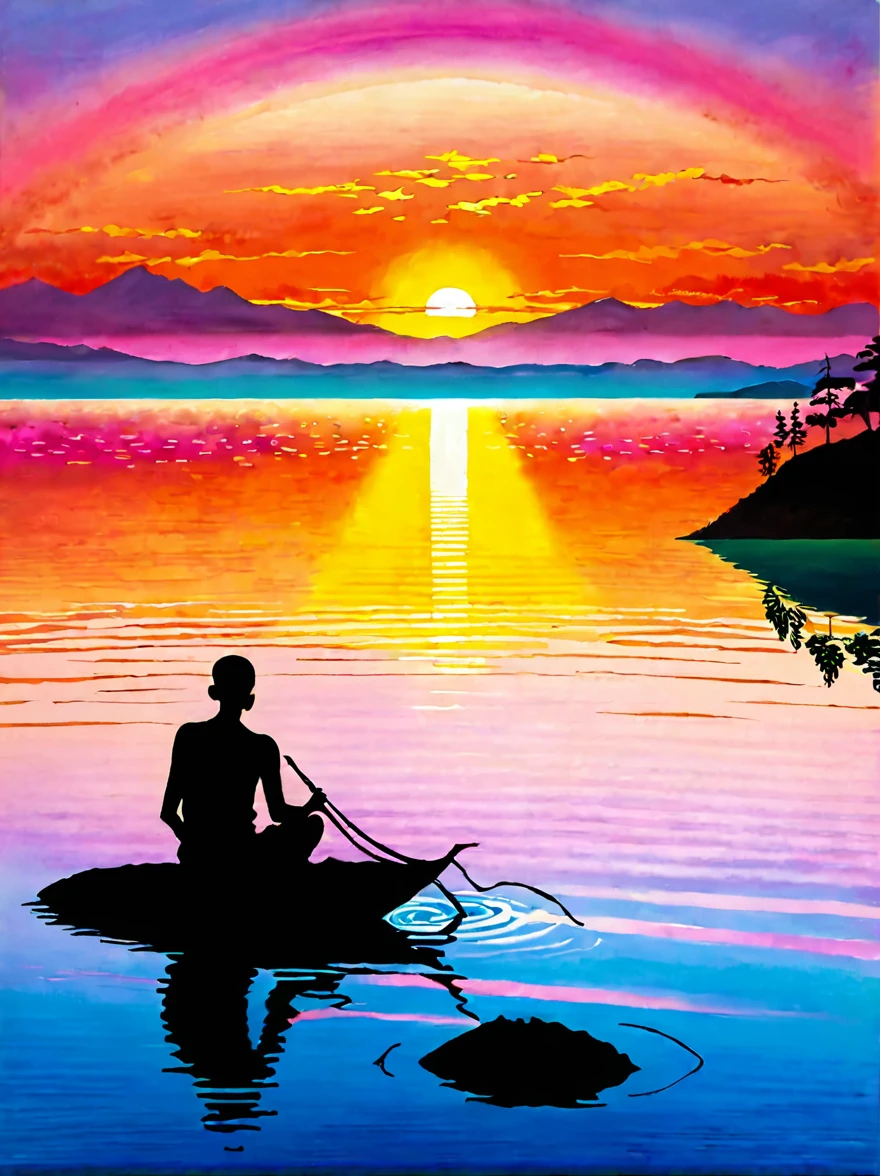 Imagine a peaceful and tranquil sunrise, Atop a hill, embraced by the calm waters surrounding it, imagine a single figure basking in the first light of daybreak, The sky blushes with hues of oranges and pinks as the sun peaks from the horizon casting its warm glow onto the water, imbuing it with the same brilliance, The figure sits, looking out onto the shimmering surface of the water, the gleaming sun in the distance marking the hopeful beginning of a new day, The scene is flooded with bright, vibrant colors and the light of dawn creates dramatic shadows, enhancing the grandeur of the environment. The vantage point is similar to that offered by a wide-angle lens, providing a panoramic view of the vast wilderness, under the theme of adventure and exploration.